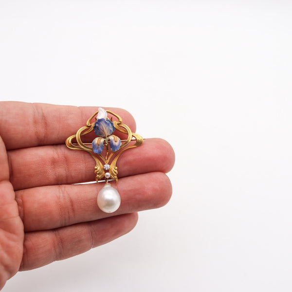 -Art Nouveau 1900 Enameled Orchid Pendant In 14Kt Gold With Diamond And Pearls