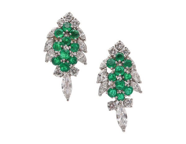 ART-DECO Platinum Clips-On Clusters Earrings With 6.24 Ctw Diamonds & Emeralds
