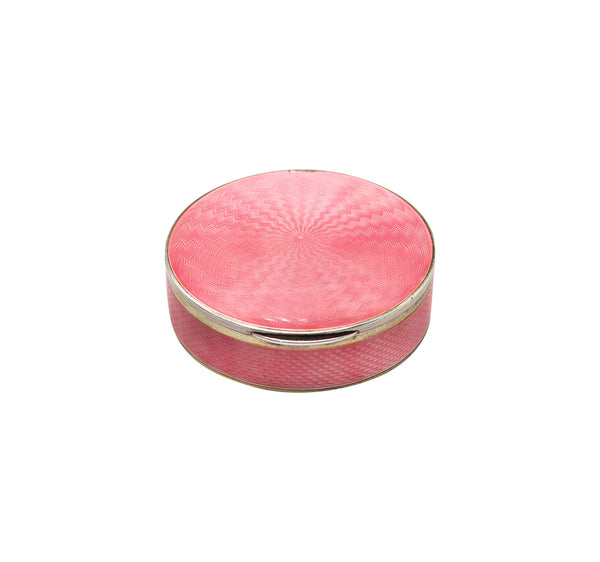 -German Pforzheim 1910 Guilloche Pink Enamel Round Box In .935 Sterling Silver