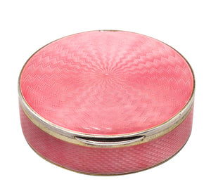 -German Pforzheim 1910 Guilloche Pink Enamel Round Box In .935 Sterling Silver