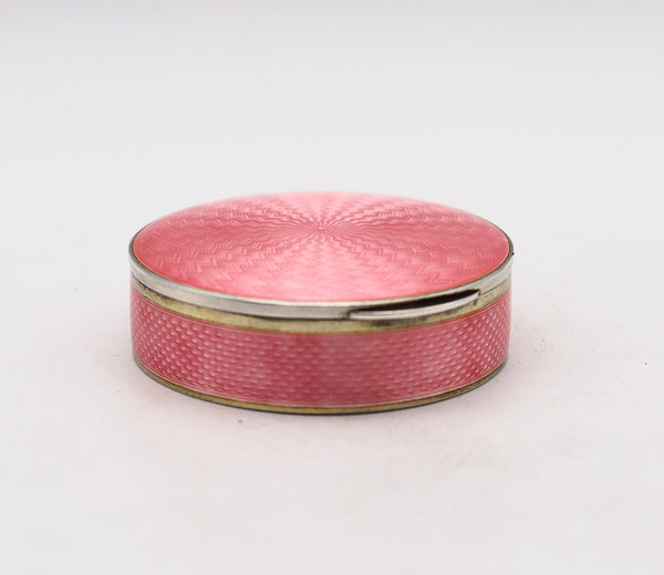 -German Pforzheim 1910 Guilloche Pink Enamel Round Box In .935 Sterling Silver