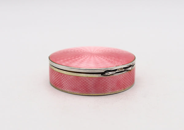 -German Pforzheim 1910 Guilloche Pink Enamel Round Box In .935 Sterling Silver