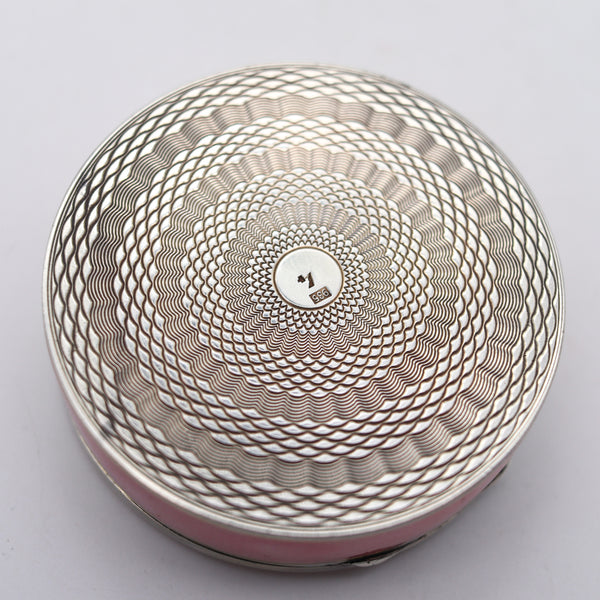 -German Pforzheim 1910 Guilloche Pink Enamel Round Box In .935 Sterling Silver
