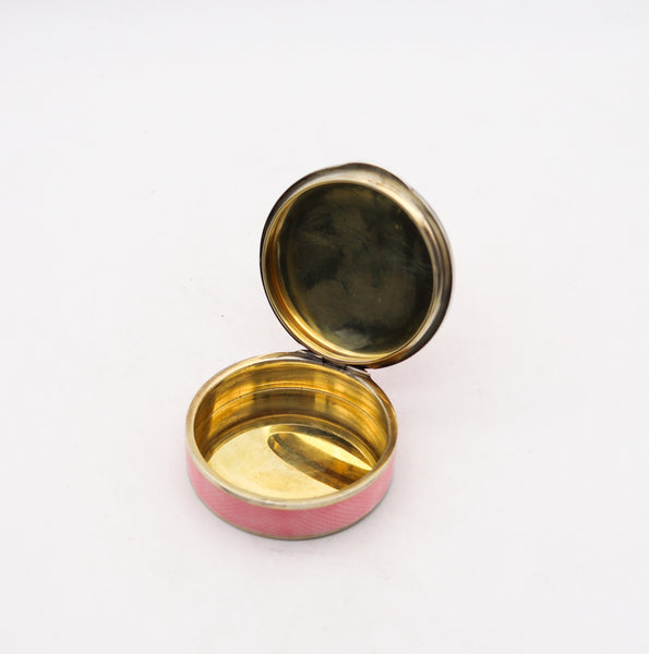 -German Pforzheim 1910 Guilloche Pink Enamel Round Box In .935 Sterling Silver