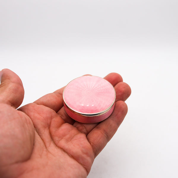 -German Pforzheim 1910 Guilloche Pink Enamel Round Box In .935 Sterling Silver