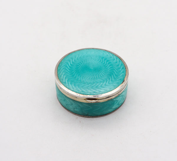 -Austrian 1910 Guilloche Turquoise Green Enamel Round Box In .900 Silver