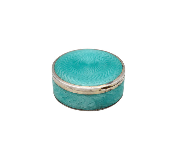 -Austrian 1910 Guilloche Turquoise Green Enamel Round Box In .900 Silver