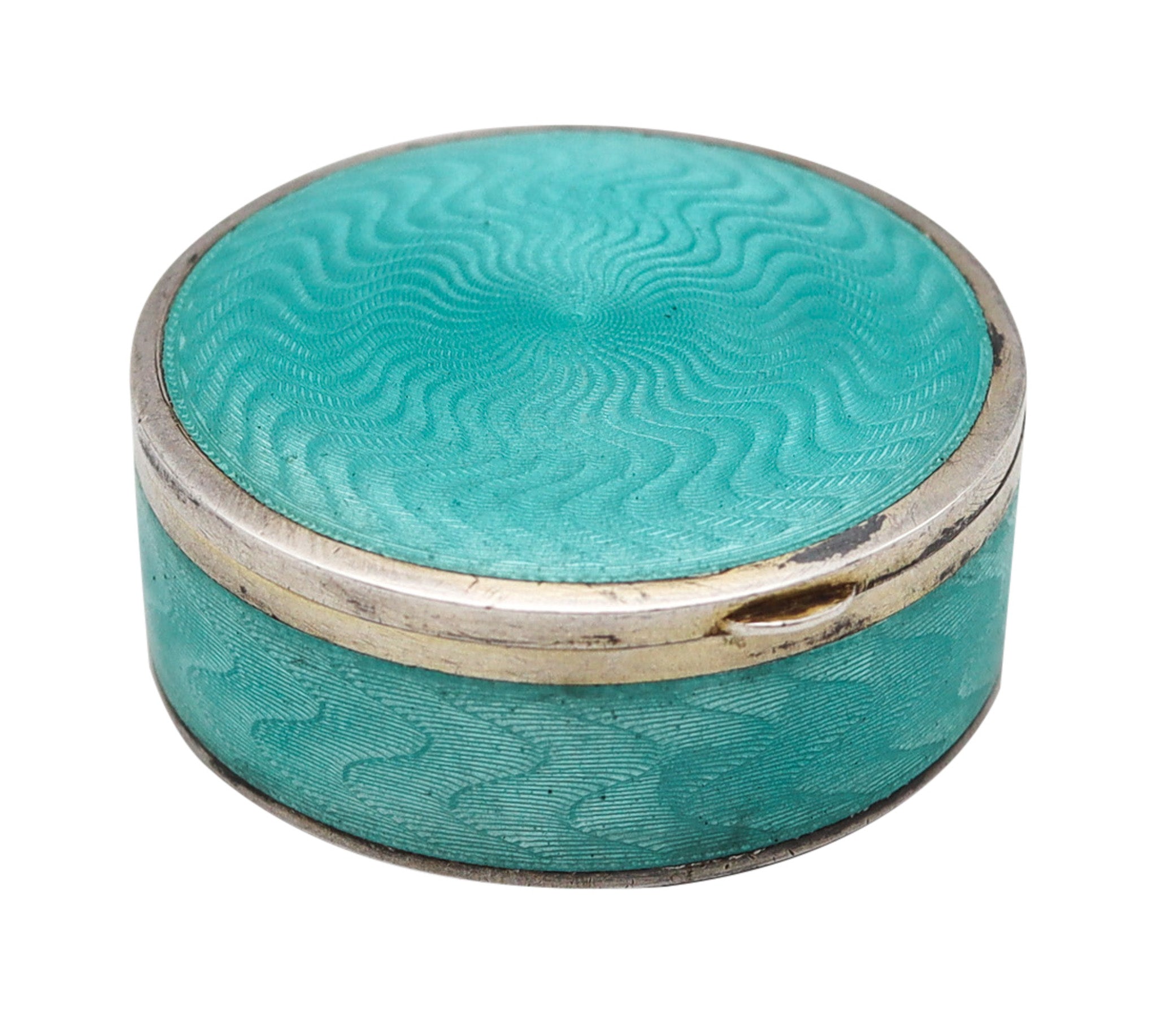 -Austrian 1910 Guilloche Turquoise Green Enamel Round Box In .900 Silver