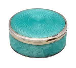 -Austrian 1910 Guilloche Turquoise Green Enamel Round Box In .900 Silver