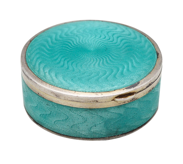 -Austrian 1910 Guilloche Turquoise Green Enamel Round Box In .900 Silver