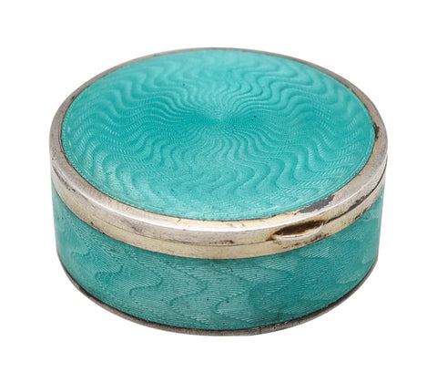 -Austrian 1910 Guilloche Turquoise Green Enamel Round Box In .900 Silver