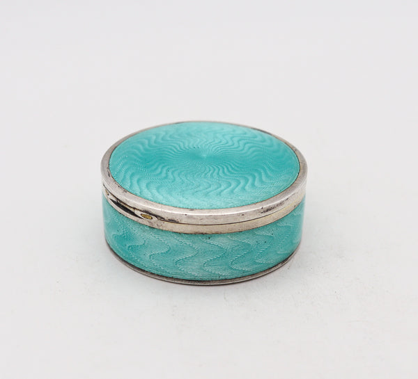 -Austrian 1910 Guilloche Turquoise Green Enamel Round Box In .900 Silver