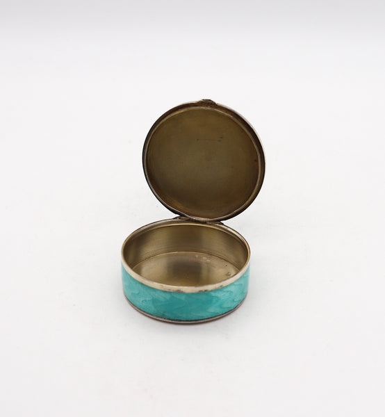 -Austrian 1910 Guilloche Turquoise Green Enamel Round Box In .900 Silver