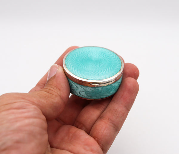 -Austrian 1910 Guilloche Turquoise Green Enamel Round Box In .900 Silver