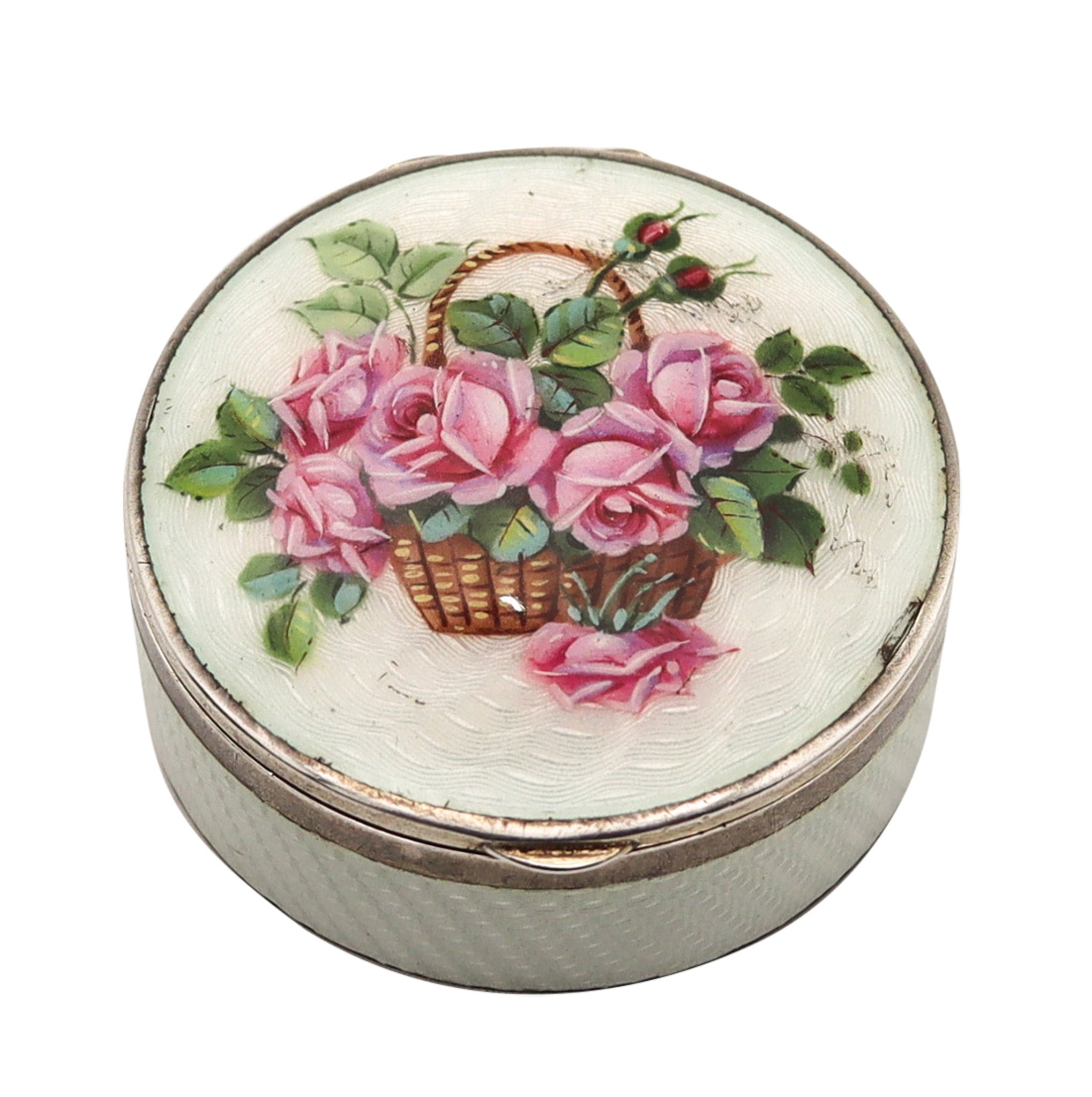 -German Pforzheim 1910 Art Nouveau Guilloche Enamel Box In .935 Sterling With Flowers