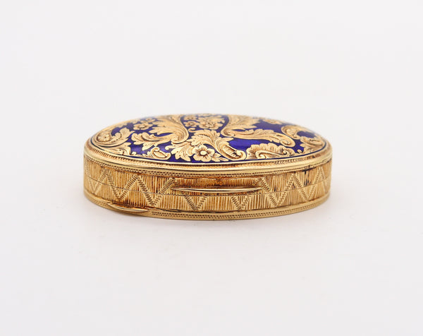 -European 1930 Baroque Revival Blue Enameled Pill Box In Solid 18Kt yellow Gold