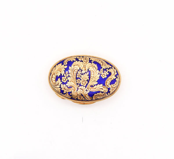 -European 1930 Baroque Revival Blue Enameled Pill Box In Solid 18Kt yellow Gold
