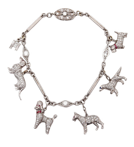 ART DECO 1925 Five Dogs Charms Bracelet In Platinum With 4.03 Ctw Diamonds