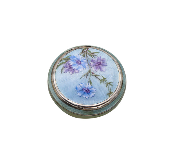 -German Pforzheim 1917 Guilloche Enamel Round Box In .935 Sterling Silver With Flowers