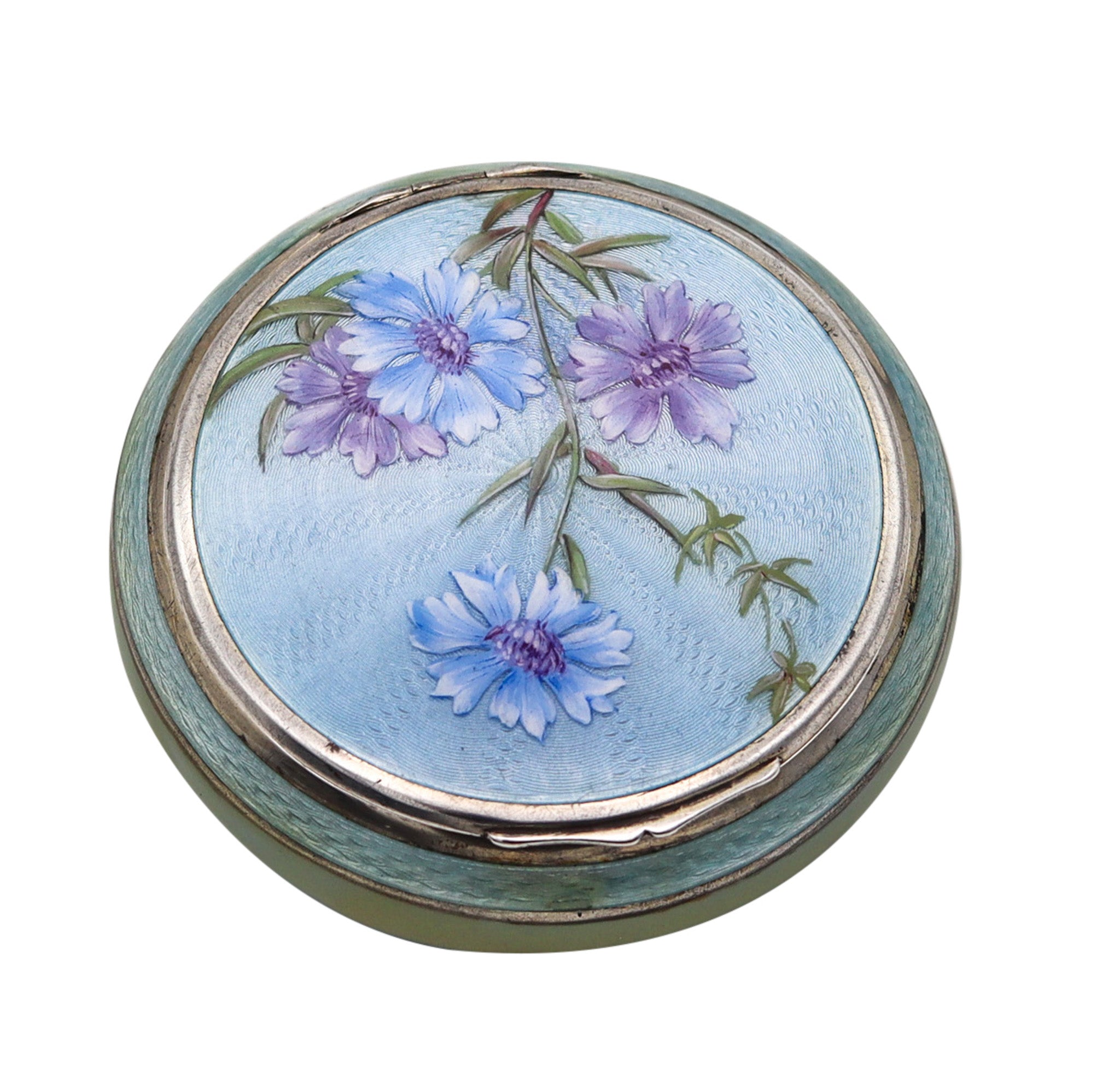 -German Pforzheim 1917 Guilloche Enamel Round Box In .935 Sterling Silver With Flowers