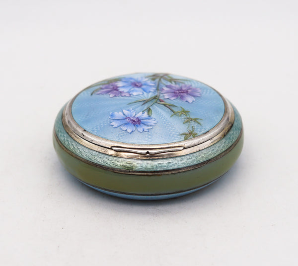 -German Pforzheim 1917 Guilloche Enamel Round Box In .935 Sterling Silver With Flowers