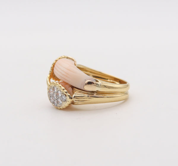 -Van Cleef & Arpels 1970 Paris Double Corals Ring In 18Kt Gold With VS Diamonds