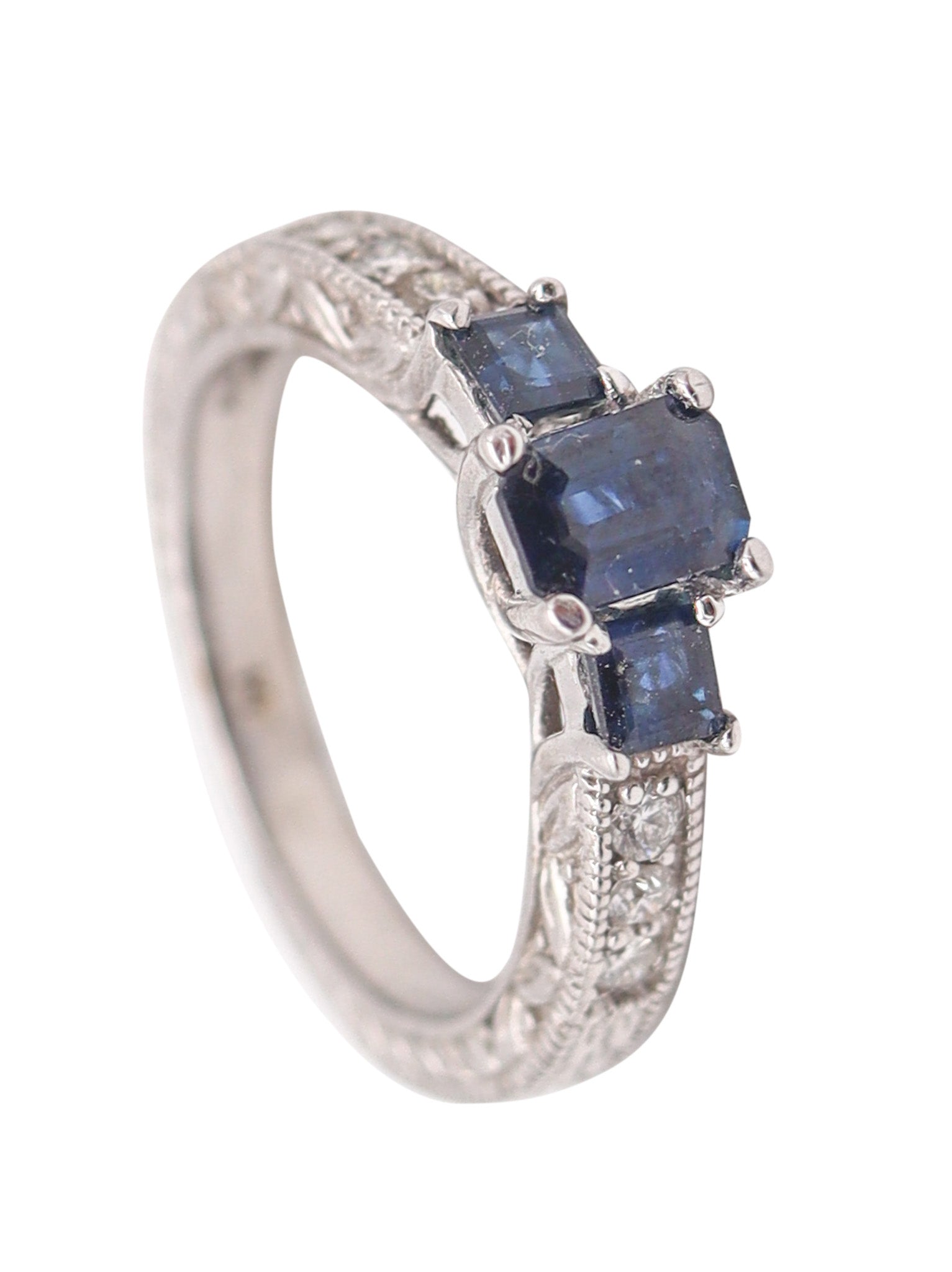 ART-DECO Revival Ring In 14Kt Yellow Gold With Blue Sapphires & VS Diamonds