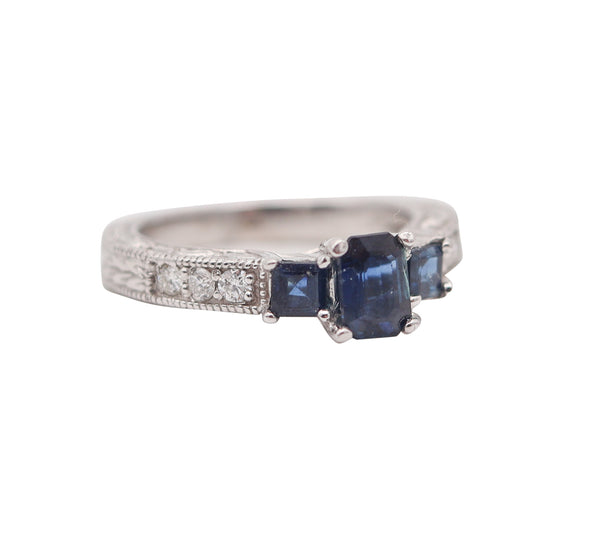 ART-DECO Revival Ring In 14Kt Yellow Gold With Blue Sapphires & VS Diamonds