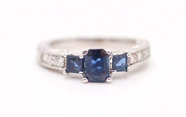 ART-DECO Revival Ring In 14Kt Yellow Gold With Blue Sapphires & VS Diamonds
