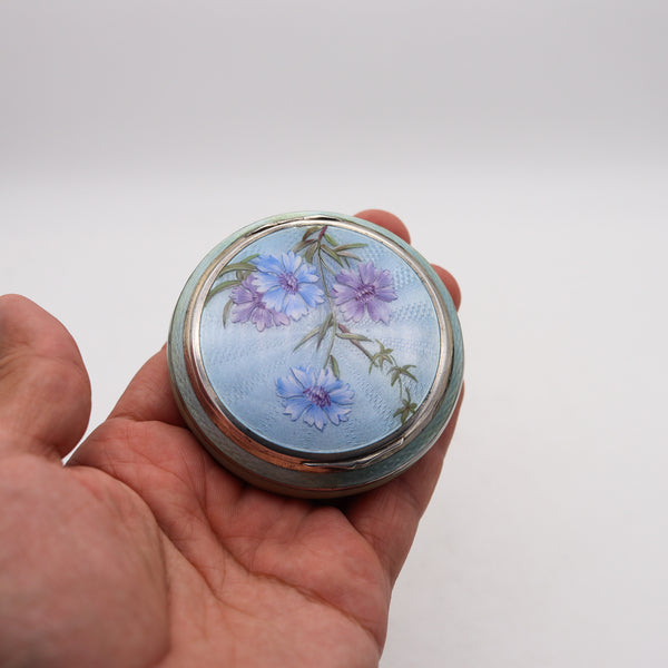 -German Pforzheim 1917 Guilloche Enamel Round Box In .935 Sterling Silver With Flowers