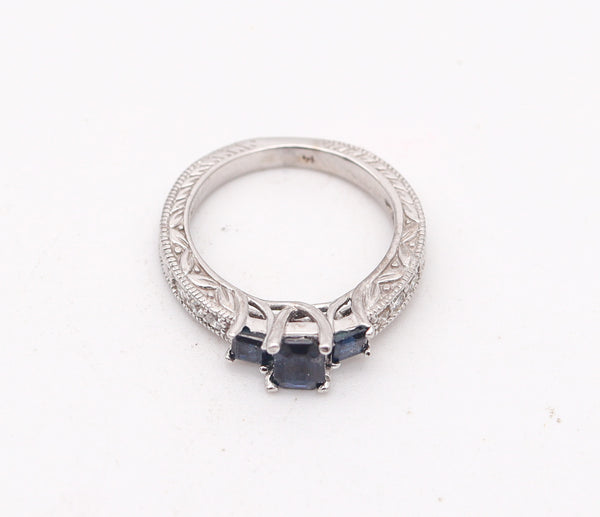 ART-DECO Revival Ring In 14Kt Yellow Gold With Blue Sapphires & VS Diamonds