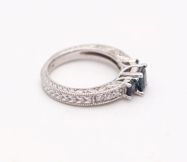 ART-DECO Revival Ring In 14Kt Yellow Gold With Blue Sapphires & VS Diamonds
