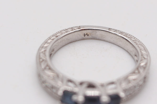 ART-DECO Revival Ring In 14Kt Yellow Gold With Blue Sapphires & VS Diamonds