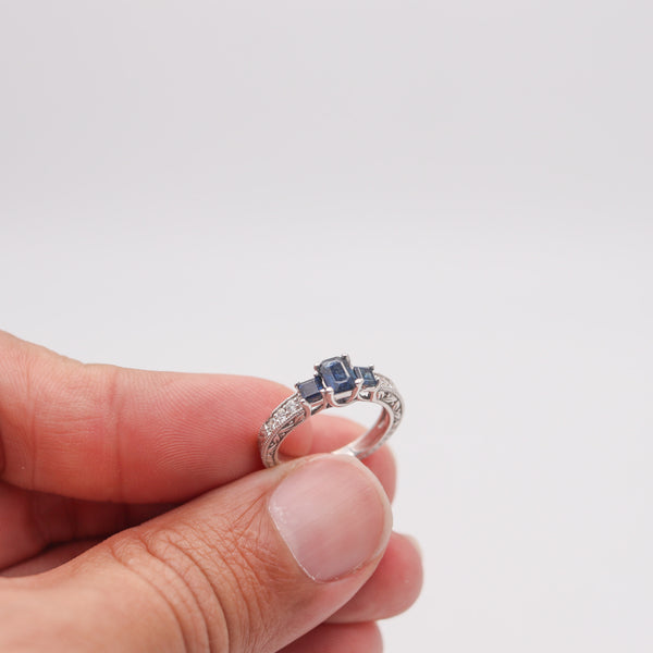 ART-DECO Revival Ring In 14Kt Yellow Gold With Blue Sapphires & VS Diamonds