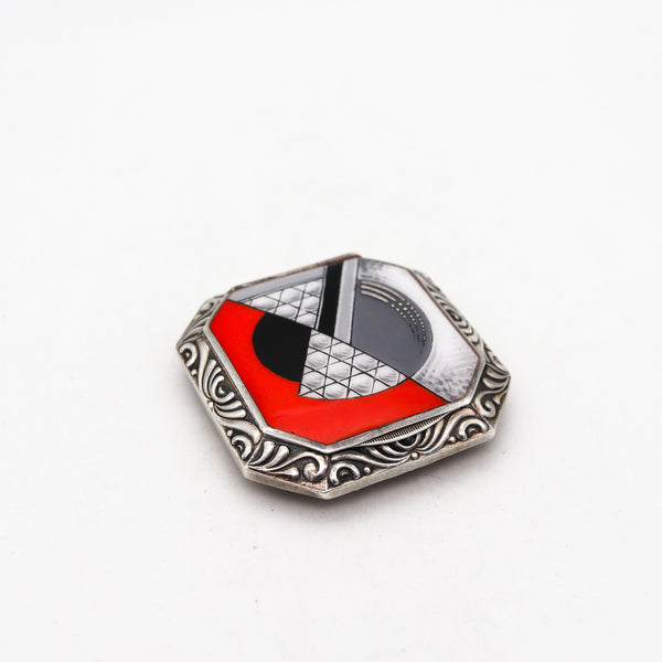 German 1923 Bauhaus Geometric Enamel And Guilloche Pill Box In 925 Sterling Silver