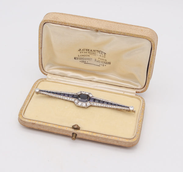 French 1930 Art Deco Brooch In Platinum With 12.83 Ctw Diamond And Sapphires