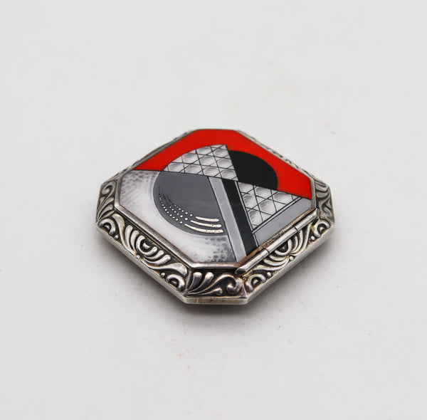 German 1923 Bauhaus Geometric Enamel And Guilloche Pill Box In 925 Sterling Silver