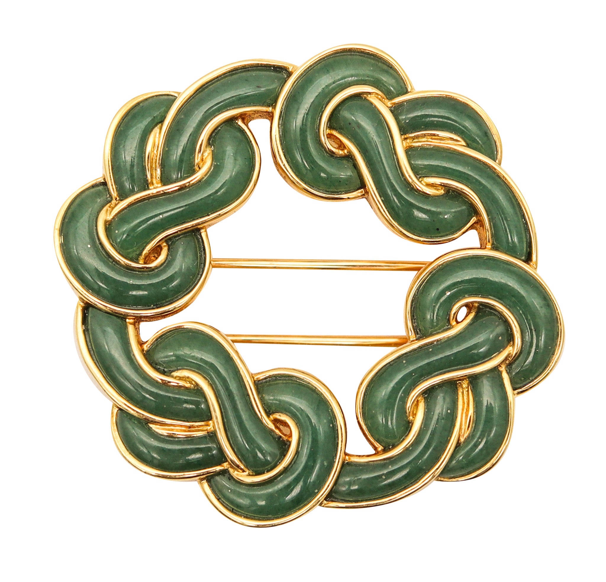 ANGELA CUMMINGS Infinite Knots Brooch In 18Kt Gold With Carved Jadeite Jade