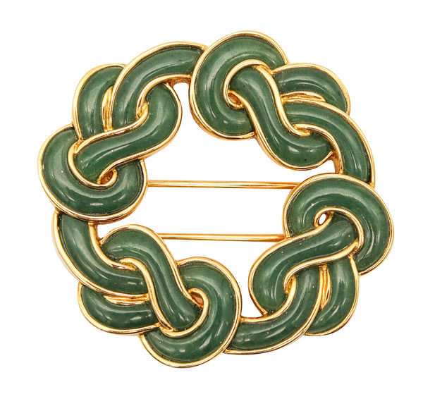 ANGELA CUMMINGS Infinite Knots Brooch In 18Kt Gold With Carved Jadeite Jade