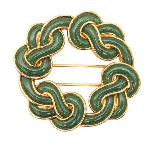 ANGELA CUMMINGS Infinite Knots Brooch In 18Kt Gold With Carved Jadeite Jade