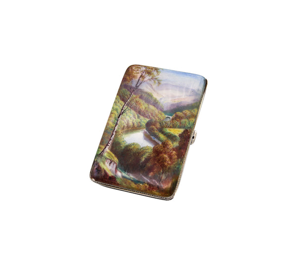 -H.C. Freeman 1929 Austrian Enamel Case Box With River Landscape In .925 Sterling Silver