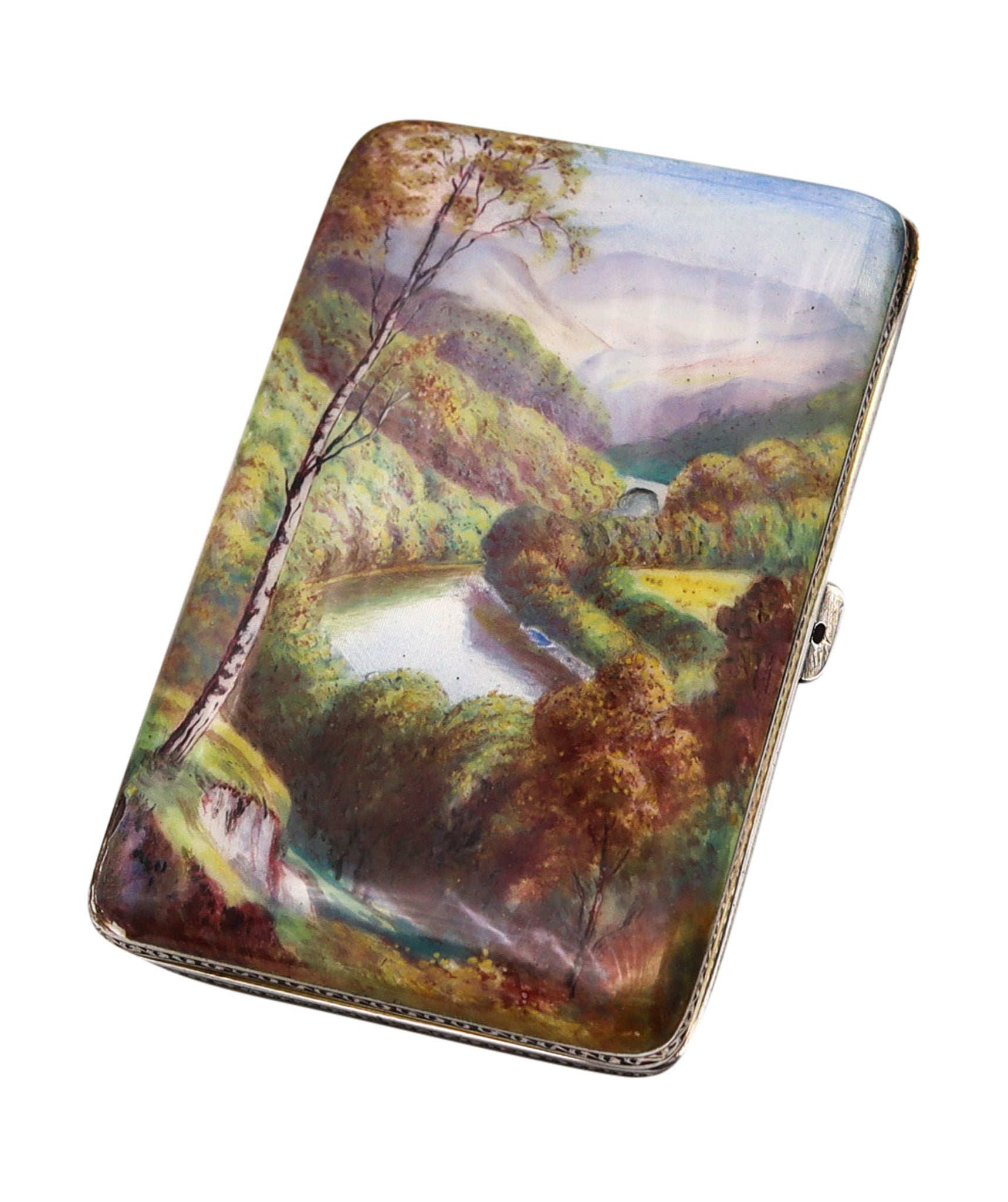 -H.C. Freeman 1929 Austrian Enamel Case Box With River Landscape In .925 Sterling Silver