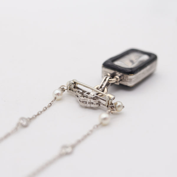 -Gubelin 1920 Art Deco Necklace Enameled Watch In Platinum With European Diamonds