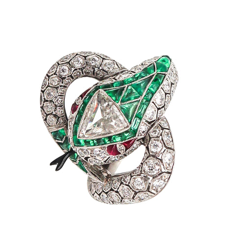 ART DECO 1925 Fabulous Snake Ring In Platinum And 6.47 Ctw Diamonds & Emeralds