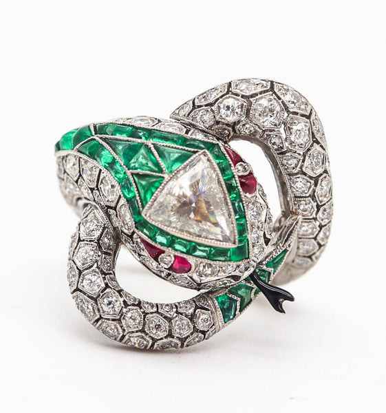 ART DECO 1925 Fabulous Snake Ring In Platinum And 6.47 Ctw Diamonds & Emeralds