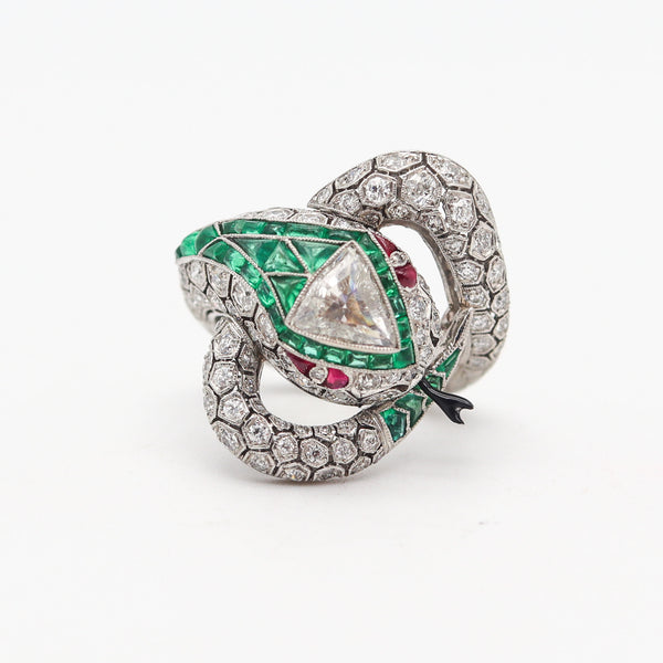 ART DECO 1925 Fabulous Snake Ring In Platinum And 6.47 Ctw Diamonds & Emeralds