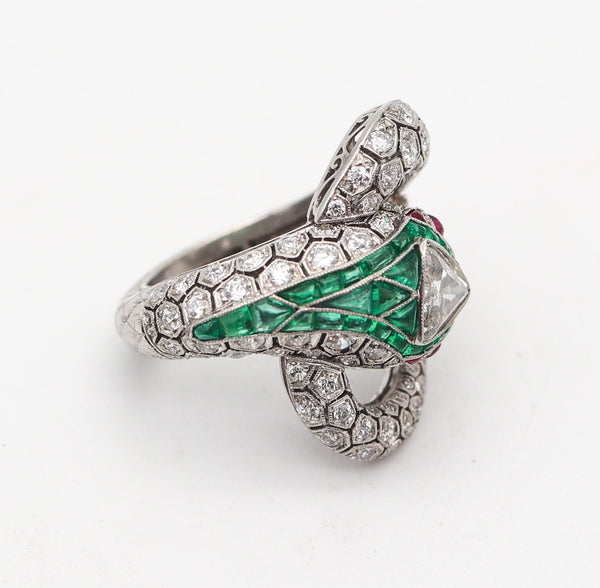 ART DECO 1925 Fabulous Snake Ring In Platinum And 6.47 Ctw Diamonds & Emeralds