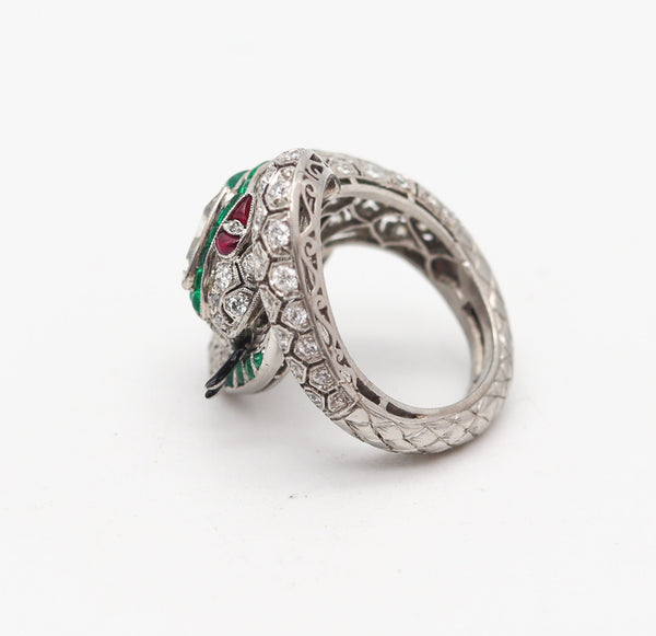ART DECO 1925 Fabulous Snake Ring In Platinum And 6.47 Ctw Diamonds & Emeralds