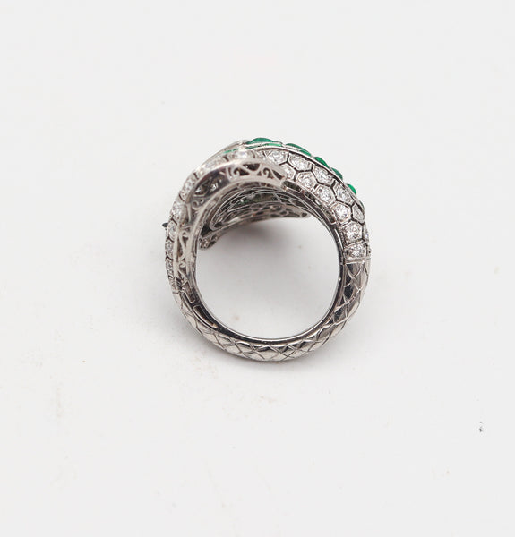 ART DECO 1925 Fabulous Snake Ring In Platinum And 6.47 Ctw Diamonds & Emeralds