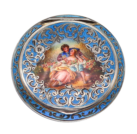+Austria 1922 Art Deco Polychrome And Blue Enamel Round Box In 925 Sterling Silver